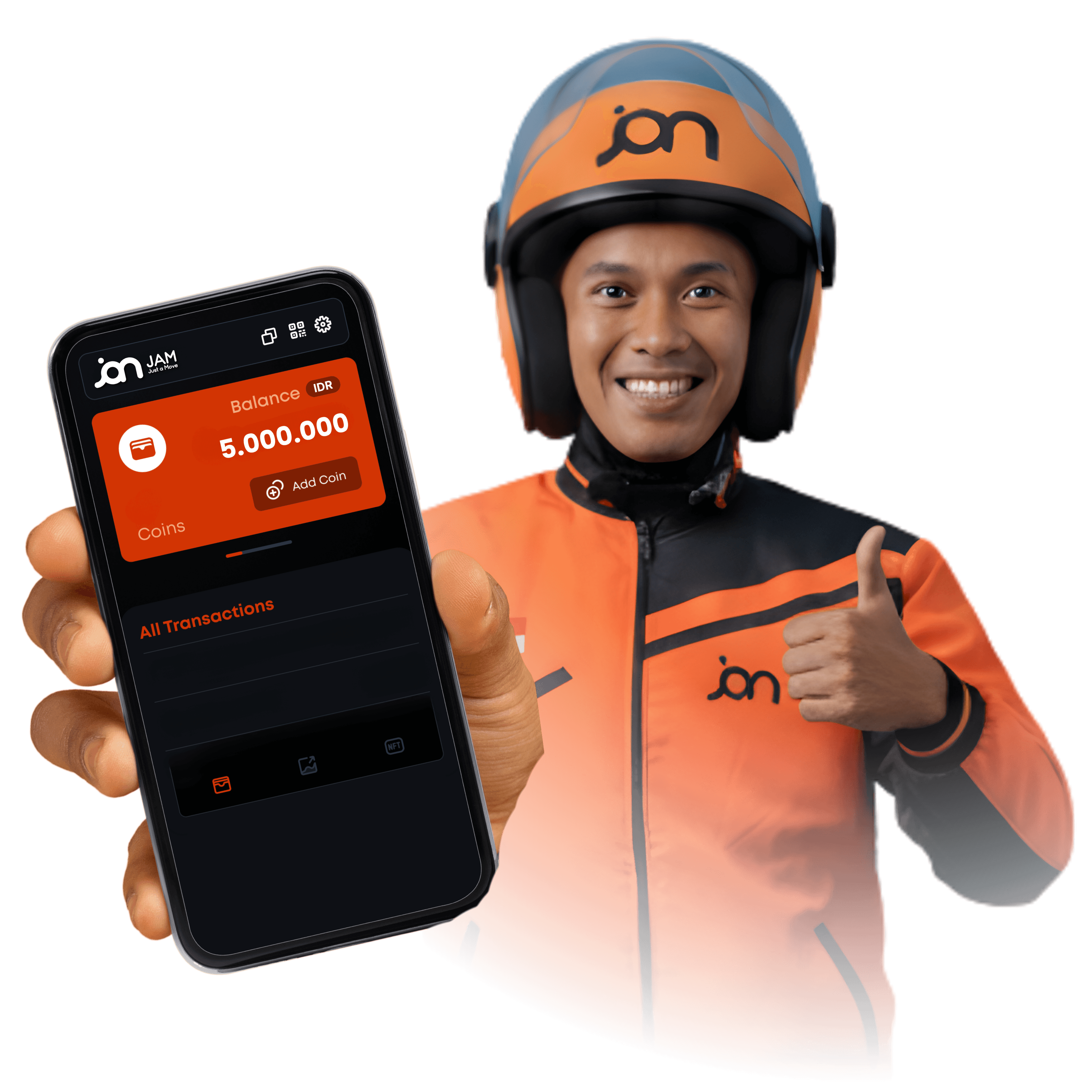 Driver JAM memegang smartphone menampilkan aplikasi